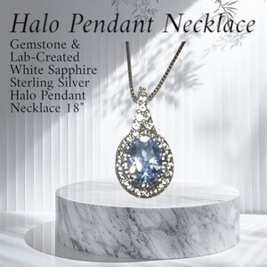 Aquamarine & Lab Created White Sapphire .925 SS Halo Pendant Necklace by JCP New